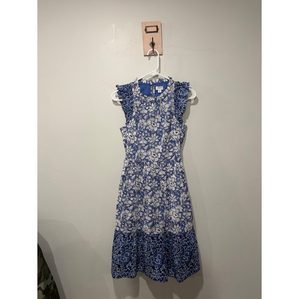 J.Crew Blue White Floral Cotton Ruffle Midi Dress Pockets CA214 SU24 Womens 00